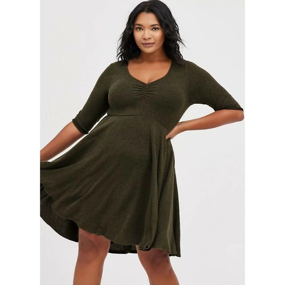 NWT Torrid Plus Size 3 3X 22-24 SKATER DRESS - SUPER SOFT PLUSH MARLED OLIVE